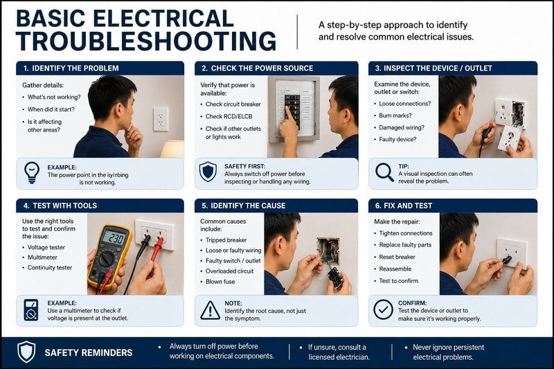 Basic electrical troubleshooting Singapore — handyman checking electrical outlet and wiring