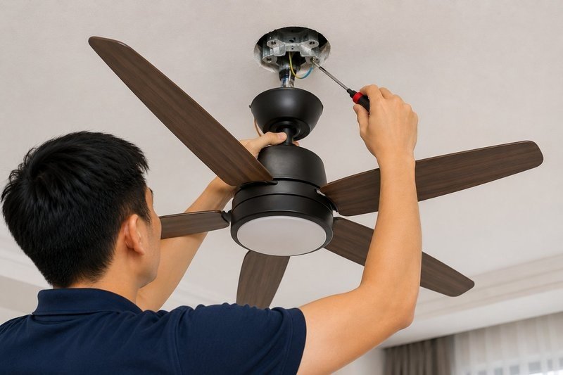 Ceiling fan replacement Singapore — handyman replacing ceiling fan in HDB living room