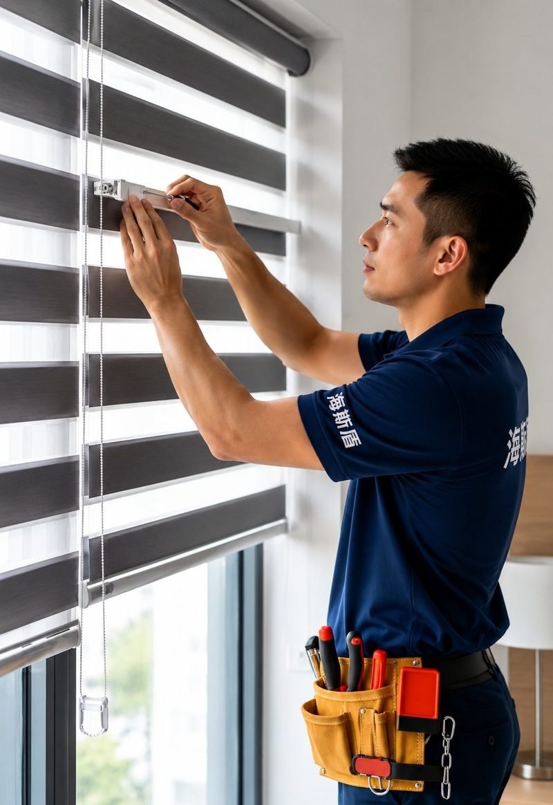 Curtain installation Singapore — handyman fitting roller day-night blinds on HDB window, blind installation service