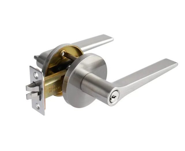 Door lock replacement Singapore — satin chrome lever handle lockset with deadbolt, HDB room door lock replacement