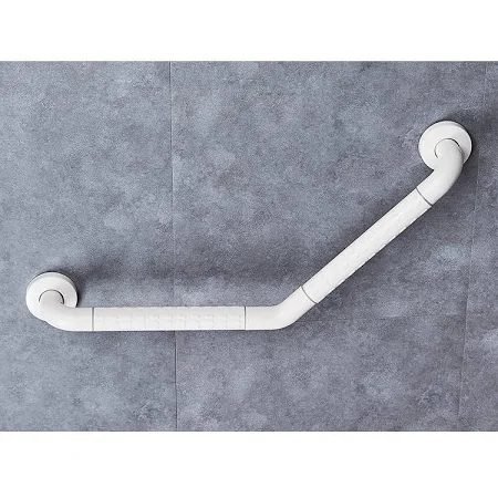 Grab bar installation Singapore — white L-shaped safety grab bar fixed to bathroom wall tile, elderly HDB toilet