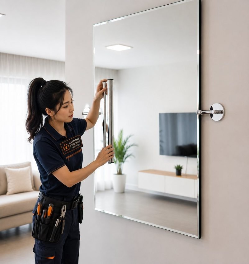 Mirror hanging Singapore — handyman in uniform installing large wall mirror with chrome bracket in living room