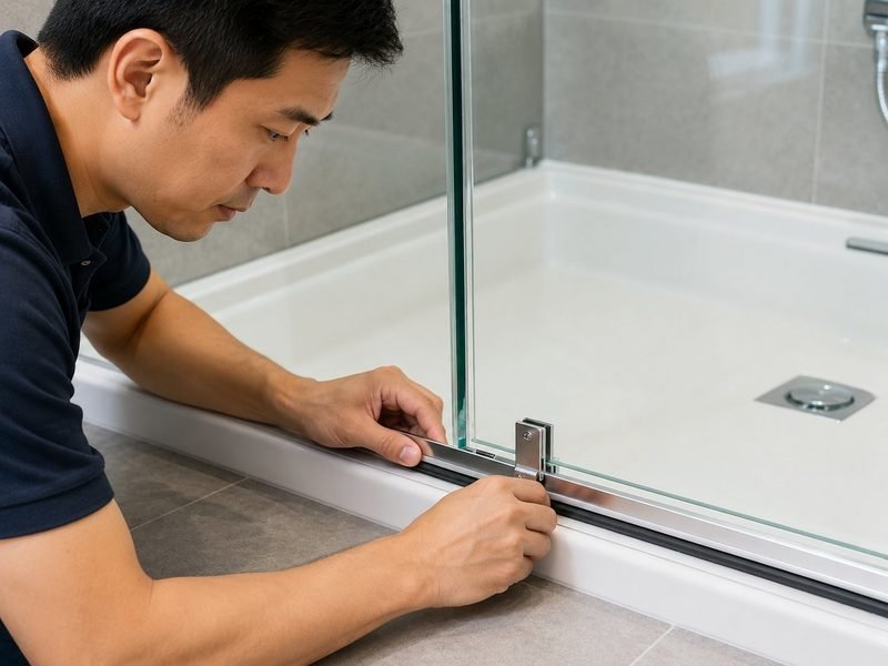 Shower screen installation Singapore — handyman fitting glass shower screen track in HDB bathroom