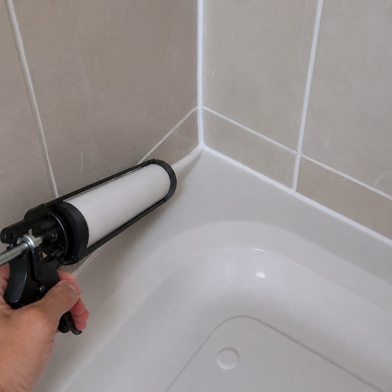 Silicone sealing Singapore — applying fresh white silicone sealant around bathtub with caulk gun, re-siliconing HDB
