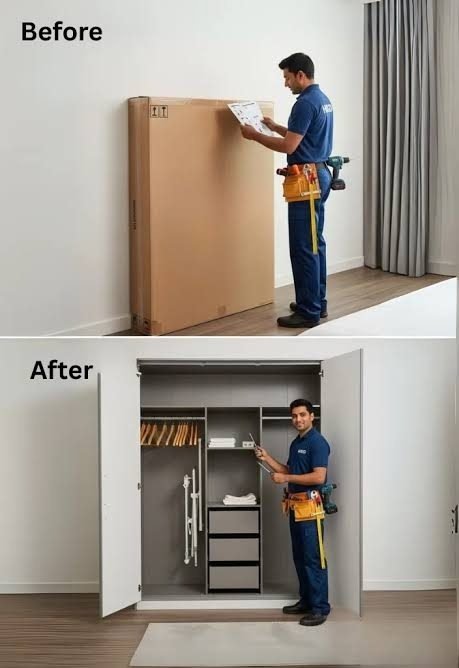 Wardrobe assembly Singapore — before and after flat-pack wardrobe assembly, IKEA PAX cupboard HDB